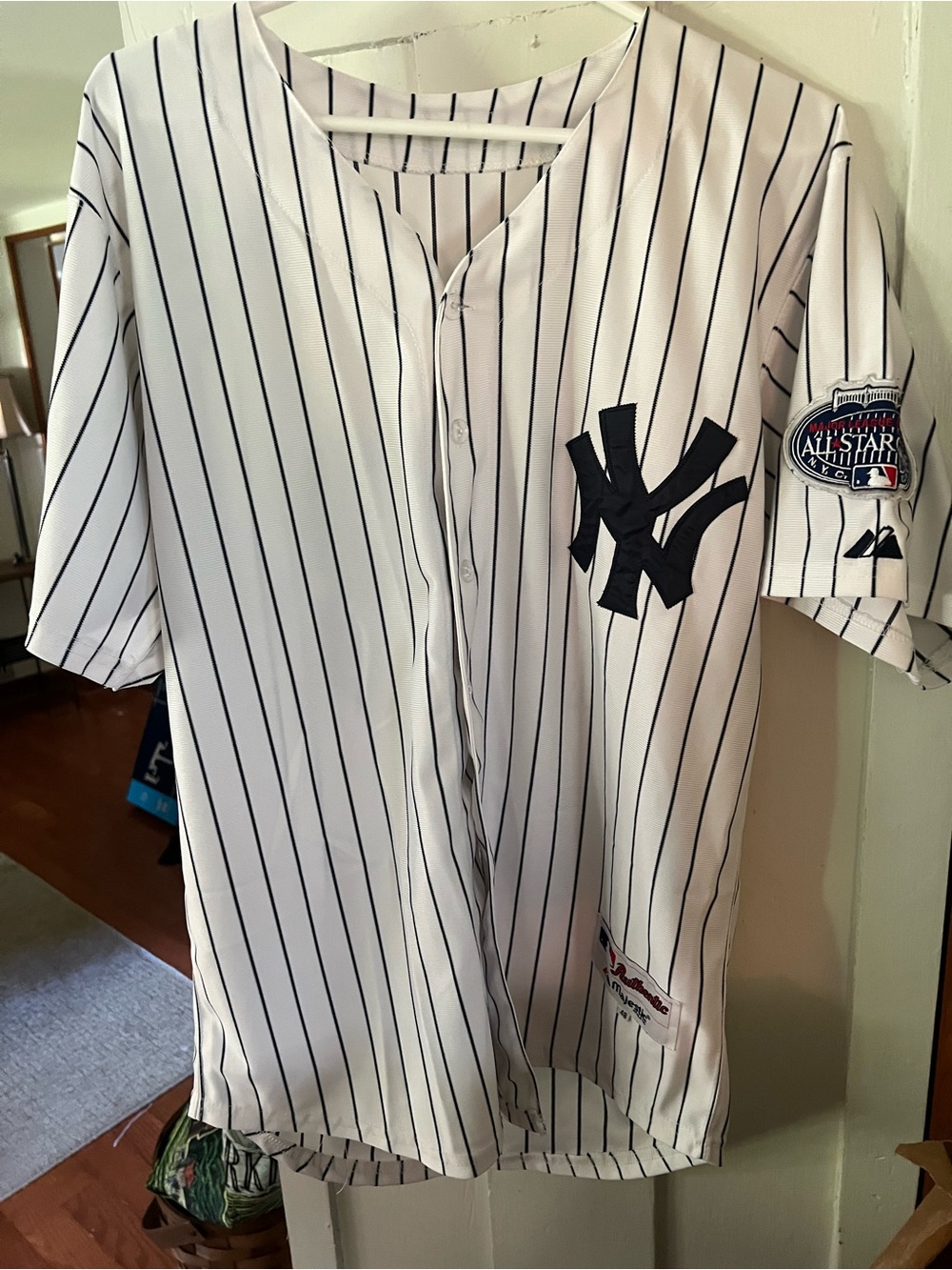 Majestic White Pinstripe New York Yankees Jersey with Navy Logo Patch